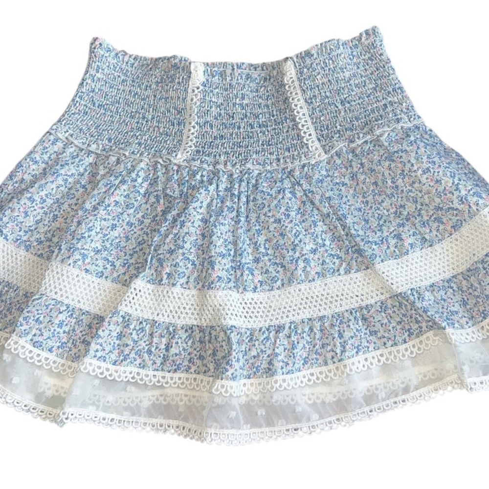 Katie J NYC Blue Floral Tiered Lace Trim Skirt